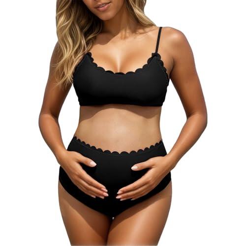 Traje de baño de maternidad de dos piezas para mujer, bikini de cintura alta, cómodo tankini con parte inferior para embarazo, verano, playa, piscina, vacaciones, Negro, M