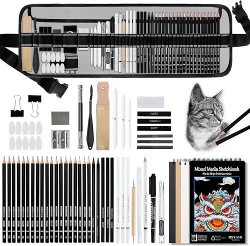 TOSUTO Juego de 60 lápices de dibujo, lápices de bocetos, Set Dibujo Profesional del Artista, suministros de arte con libro de bocetos de 3 colores, grafito, pastel, carboncillo,piezas de dibujo