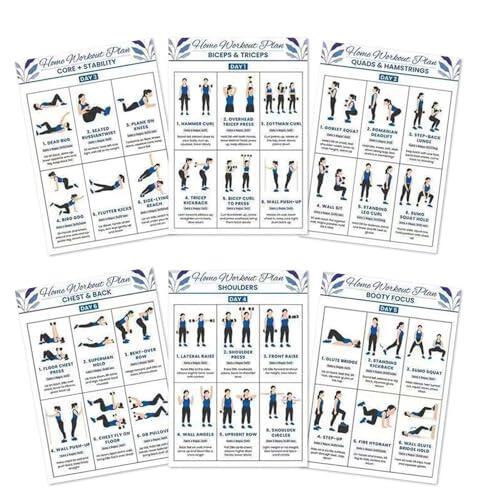 Paquete de carteles de entrenamiento en casa, juego de guías de ejercicios ilustradas, 6 hojas, gráficos murales de entrenamiento corporal total, ayuda visual de rutina de fitness fácil de seguir para