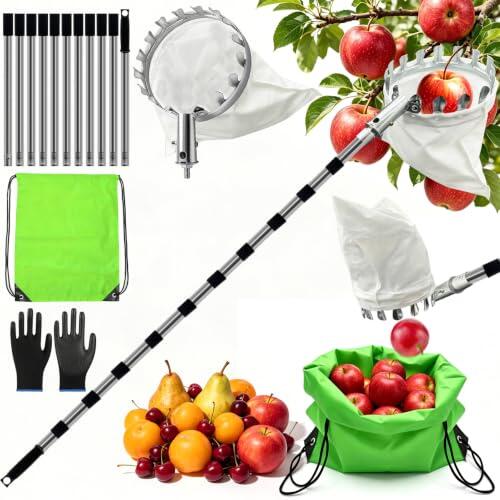 TZEKING Recogedor de Frutas Telescópico, 4,2m Recoge Frutas Telescopico, Recoge Frutas en Acero Inoxidable con Bolsa de Algodón y Mochila Recolectora, Ajustable para Manzanas, Peras, Naranjas, Cerezas
