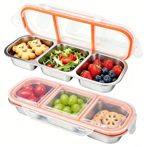 Surflyee 2 Piezas Cajas de Aperitivos de Acero Inoxidable, Fiambrera de Acero Inoxidable con 3 Compartimentos, Bento a Prueba de Fugas con tapa para la Escuela, el Hogar, los Viajes