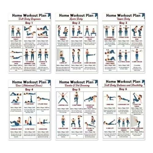 Paquete de carteles de entrenamiento en casa, juego de guías de ejercicios ilustradas, 6 hojas, gráficos murales de entrenamiento corporal total, ayuda visual de rutina de fitness fácil de seguir para