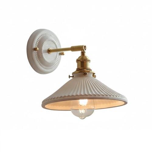 LUOYAOB Aplique de pared de cerámica vintage Lámpara de pared de latón con pantalla plisada blanca E26 E27 Lámpara de pared de 8,86 pulgadas for dormitorio, pasillo, sala de estudio