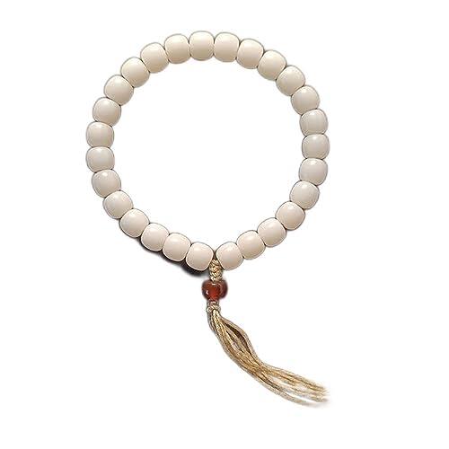 pulsera de rosario, Pulsera de cuentas raíz Bodhi jade blanco, hecha a mano con borla, Buda for meditación y oración(C)