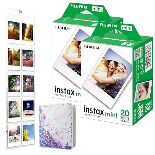 Paquete de mini película de 40 fotos instantáneas + álbum de fotos de 64 bolsillos + pantalla de pared colgante compatible con Instax Mini 12, 41, Evo todas las mini cámaras e impresoras Instax Link