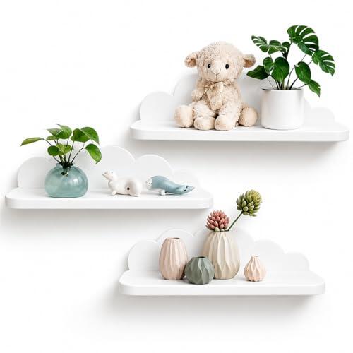 shepretty Baldas Pared pequeño estanteria ASB plástico Pared Estante de Exhibición Colgante Decorativo para Dormitorio Sala de Estar Cocina Baño Juego de 3,Nubes,45x11x10.5cm,Blanco-3L