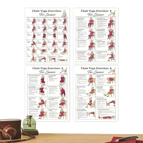 Juego de tarjetas de postura de yoga para silla, guía de estiramiento ilustrada, gráficos de entrenamiento de movilidad de 4 piezas, hojas de instrucciones de ejercicios visuales para descansos de