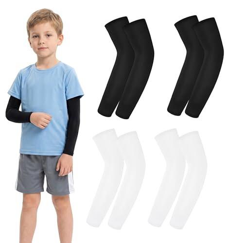 SRLWMYI Manguitos para niños, 4 pares, protección UV, mangas y calentadores para niños, para baloncesto, voleibol, fútbol, manga elástica para niños y niñas de 4 a 12 años
