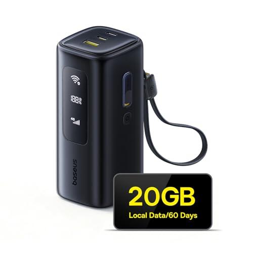 Baseus EnerGeek MiFi 67 W Banco de energía portátil 20000 mAh magnético USB C, cable de carga retráctil (4G/LTE hasta 150 Mbit/s de descarga/carga de 50 Mbit/s, punto de acceso) para viajes, campistas
