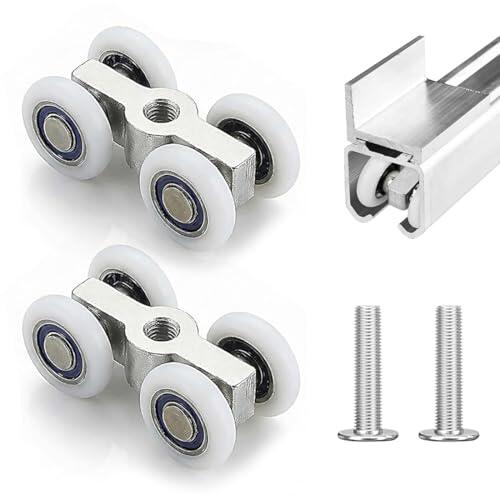 ROLKUFA 2 ruedas para puertas correderas de aluminio y nylon, silenciosas, soporte 40-60 kg, para duchas y puertas correderas, 20 mm, plateado