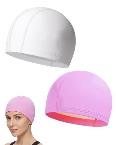 Luxorium 2 pcs gorro piscina mujer hombre adulto blanco y rosa gorro natacion suave PU elastico gorros piscina tela para pelo largo gorro baño ligero unisex
