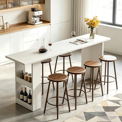 Mesa Bar de Madera Maciza con Almacenaje, Mesa Alta Cocina, Mesa Estrecha y Larga, Altura de Barra, Tablero Grueso 2,5 cm, para Cocina, Salón,Bares, etc.