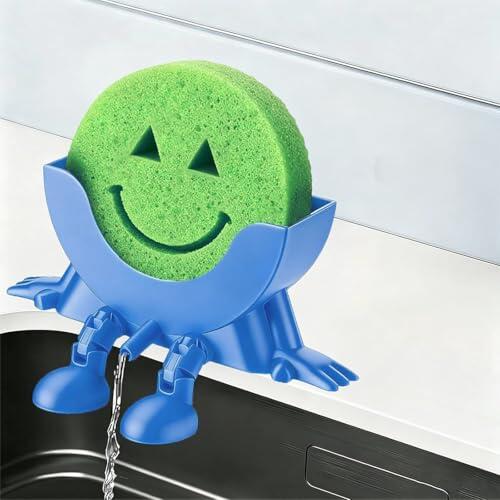 Mizijia Soporte de Esponja Impreso en 3D para Cocina, Lindo Soporte de Esponja Colgante con Drenaje rápido, Ahorro de Espacio y Secado rápido, Organizador de Cocina sin Herramientas (Azul)
