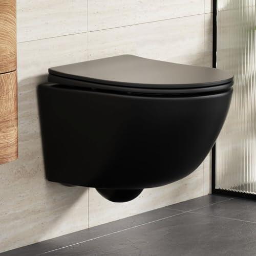 Rainsworth Inodoro colgante sin bordes, fuerte descarga, incluye asiento de descenso automático, inodoro de cerámica compacto, 48,5 cm de largo, fácil de algunos, para ascenso de baño, color negro