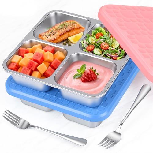 SelfTek 2 Unidades Caja de Snack Acero Inoxidable 600ML, Bento Box con Compartimentos y Junta Hermética, Incluye Tenedores, Reutilizable para Oficina, Camping, Viajes, Lavable en Lavavajillas
