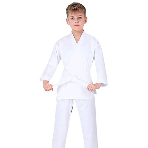 Duohropke Traje de karate para niños, traje de artes marciales, traje de judo, parte superior con cinturón, pantalones, juego completo, transpirable, chándal de 3 a 16 años, para karate, judo y otras