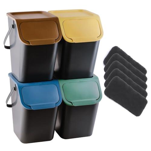 Practic Bini: juego de 4 cubos de 25 l para la clasificación de residuos; cubos negros con tapa de colores (amarillo, verde, azul y marrón); tapa con cierre a presión; espacio para el filtro