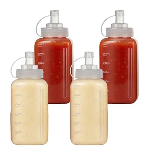 Hoxfly Botella de Salsas Exprimible, 4 Piezas de 600 mL, Dispensador de Salsas sin BPA, Antifugas, Bote para salsas, para Condimentos, Mayonesa, Mostaza, Salsa de Tomate, Picante, Cocina y Postres