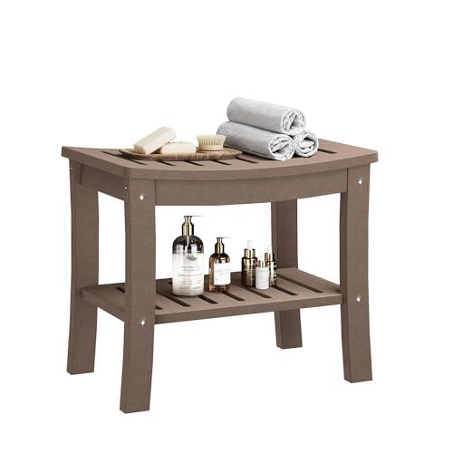 CuteHairy Taburete De Baño con Repisa De 2 Niveles, Banqueta De Ducha De HDPE Resistente Al Agua, Resistente hasta 181 kg, 52×35×45 cm, marrón