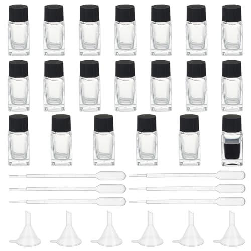 OLYCRAFT - Lote de 20 tarros de tinta de cristal resistente de 20 ml, frascos vacíos de tinta recargables con tapones de plástico negros, 6 unidades de cuentagotas de plástico, 6 embudos para
