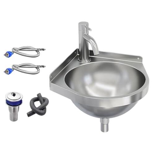 Fregadero de montaje en pared, lavabo de esquina de acero inoxidable con grifo, fregadero utilitario de acero inoxidable, para lavandería, jardín, patio, apartamento, baño, cocina, entrada, vestíbulo