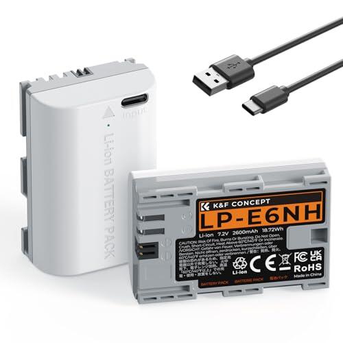K&F CONCEPT LP-E6NH - Batería para cámara (2600 mAh, alta capacidad, con interfaz de carga directa tipo C, compatible con Canon EOS 90D/80D/70D/5D Mark II III IV/5DS SR/6D/6D Mark II/R5 R6 R6 II R7 (2