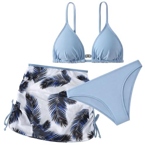 Aolso Bikini Niña 3 Piezas, Trajes de baño Hawaianos de Verano, Conjunto de Bikini para Niñas, Moda Ropa de Playa con Falda para Niña, Modernos y Hermosos para Niñas 9-13 Años (Azul Bruma)