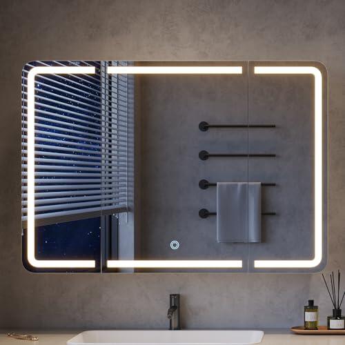mojiasion Armario con espejo de 3 puertas para baño con visión panorámica de 360°, 90 cm de ancho, +5 cm de salida, sensor táctil LED, 3 colores de luz, regulable y base de carga integrada (2 USB + 2