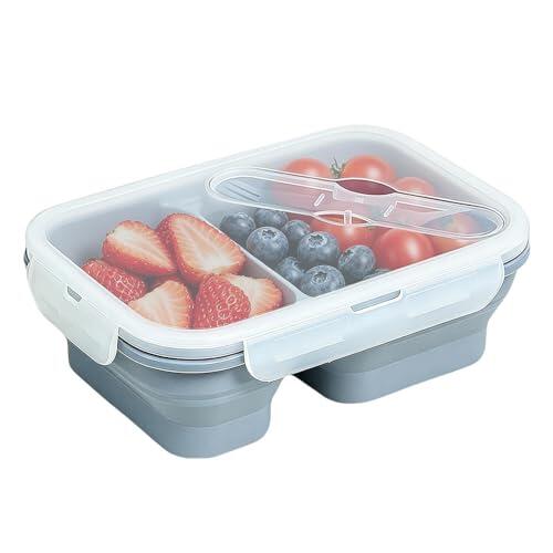 Fiambrera | 2 compartimentos, bandeja de silicona plegable a prueba de fugas, recipiente de 1100 ml con tapa y cubiertos – para hombre y mujer, microondas, lavavajillas y congelador
