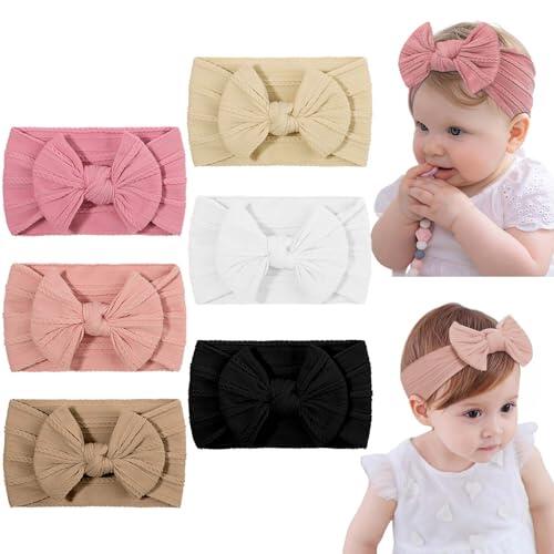 DiULi Diademas Bebé Niñas, 6pcs Conjunto de Diademas Hechas a Mano, Lazos Pelo Bebe con Lazo de Tela, Elástica Cintas de Pelo Nylon, Cabello Accesorios Suave Para Bebés Recién Nacidos, Regalo Ideal