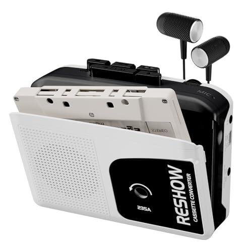 Reshow Grabadora de casete portátil, convertidor de casete USB a MP3, grabación inversa, con micrófono integrado y altavoz, incluye auriculares (blanco)