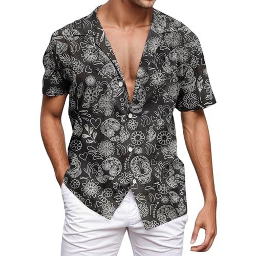 Camisas de lino para hombre, camisas casuales de manga corta para hombre, camisa de playa con botones, Negro, S