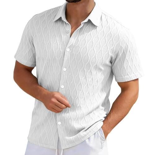 Camisa de verano a cuadros jacquard casual con botones y cuello fino para hombre, blanco, XXL