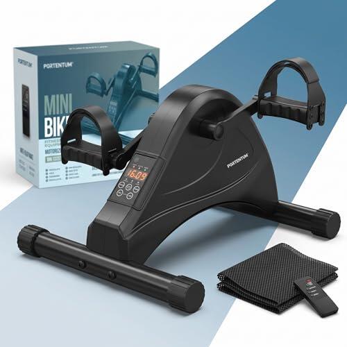 PORTENTUM Pedales estaticos Personas Mayores eléctricos motorizados – 12 velocidades y Mando a Distancia – Pedaleador Brazos y piernas con Esterilla y Pantalla LCD – Mini Bike para Ejercicio en casa