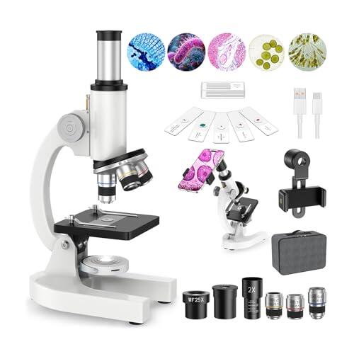 Microscopio 40X-2000X para Niños Estudiantes Adultos: Microscopio Optico Profesional para Lab, Hogar y Escuela con Portaobjetos, Soporte para Teléfono, Marco de Metal, Regalo Educativo para Niño 8-12