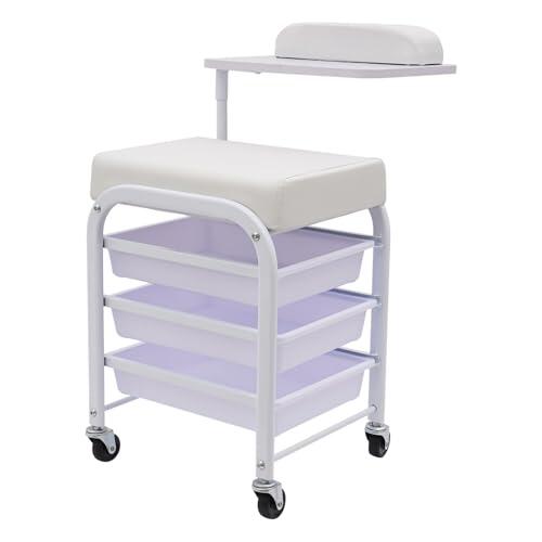 Beauty Carrito con 3 cajones y estante para manos, carrito de salón de uñas con cojín y ruedas, carrito de tratamiento estable para peluquería y spa, color blanco