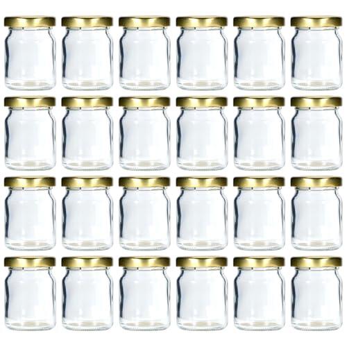 Flaschenland Juego de 24 tarros redondos de 60 ml con tapas doradas Twist-Off, ideal para muestras, mermelada, miel, reserva, versátil, resistente al calor y al frío