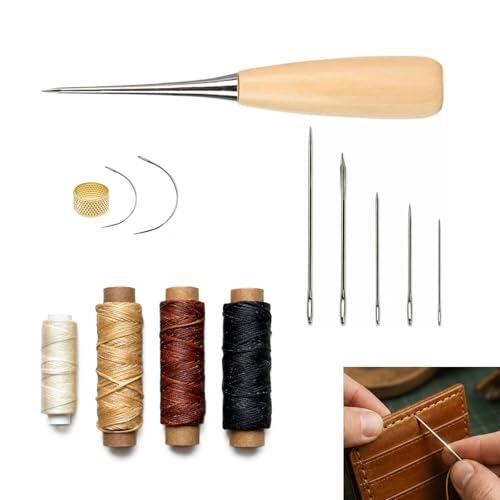 Gefaps Kit de costura de cuero con punzón y hilo de cera de 30 m, juego de agujas de cuero con agujas de acero y enhebrador, juego de reparación de cuero para principiantes, 4 hilos de cera colores