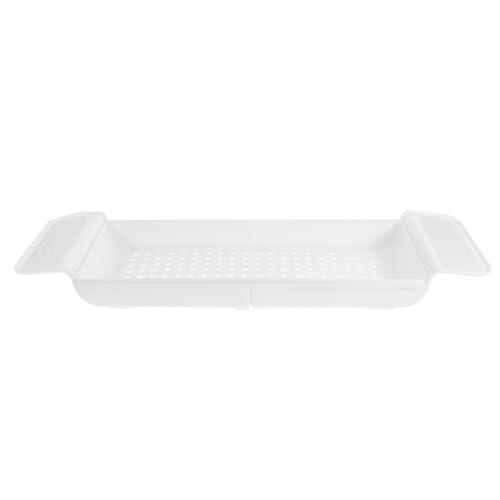 TOVINANNA Estante de Plástico Blanco para Bañera, Bandeja Telescópica Resistente Soporte para Teléfono y Portavasos, Organizador Ajustable para Baño y Ducha