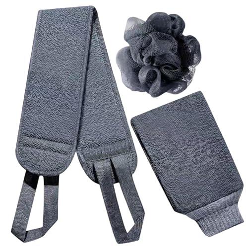 Juego de estropajo para ducha y baño: kit de limpieza corporal de 3 piezas, combo de bolas de flores, accesorios exfoliantes de superficies duales con correa para la espalda | completo