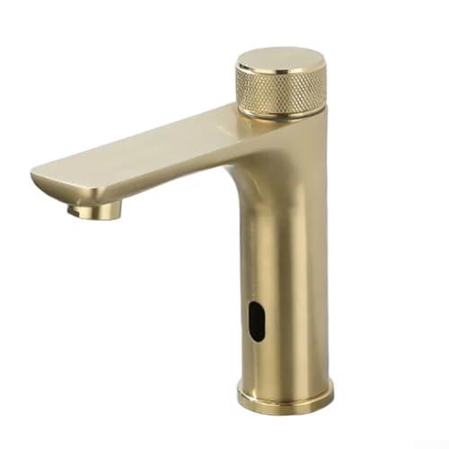 ZiStarlilife Grifo de acero inoxidable 304 con sensor infrarrojo, mezclador de agua fría y caliente con volante antideslizante, grifo de lavabo de baño sin contacto para cocina moderna y hotel (dorado