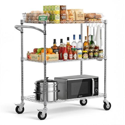 VEVOR Carrito de Cocina de 3 Niveles, Estante de Almacenaje de Alambre Ajustable, Carrito Auxiliar con Ruedas Giratorias y Asa, Carro de Servicio para Cocina, Garaje, Lavadero, 89 x 45,3 x 104 cm