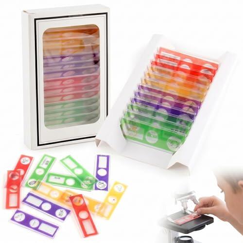 BLPRKOT 12 Piezas Portaobjetos de Microscopio Preparados para Niños, Muestras de Especímenes Variados, Kit de Ciencia y Educación, Accesorios para Microscopio Infantil, Tamaño 2x6cm, Multicolor