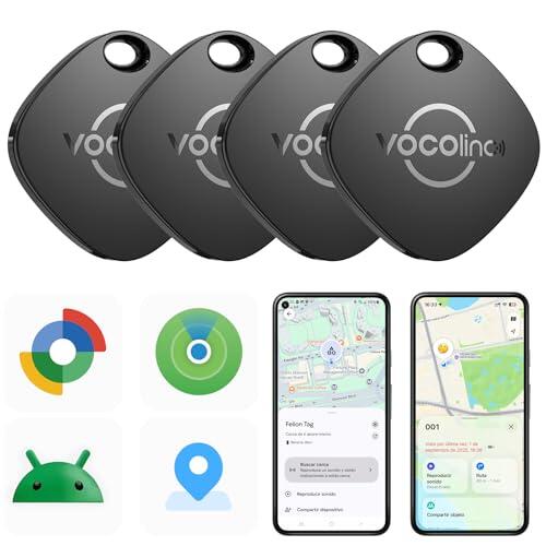 VOCOlinc Android Tag Smarttag 4 Pack, Localizador Compatible con Google Localizador o iOS Apple Buscar App, Rastreador Bluetooth Item Tracker para Llaves/Cartera/Bicicleta/Maleta, Batería Reemplazable