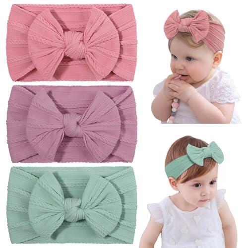 DiULi Bebé Niña Diademas, Diademas y Bandas Para Cabeza Elásticas, Cintas de Pelo Nylon con Lazo de Tela, Cabello Accesorios Suave para Neonatal Lactante Niño Pequeño Niños (Conjunto I - 3 colores)
