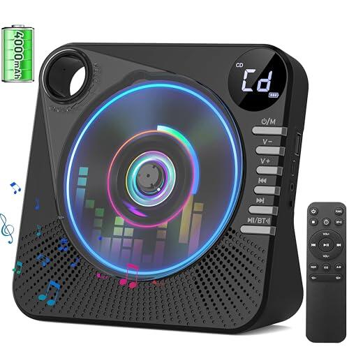 Gracioso Reproductor de CD portátil con Bluetooth, recargable de 4000 mAh, altavoces estéreo de alta fidelidad, control remoto, 5 ecualizadores, repetición A-B, pantalla LED, conector USB/AUX/3.5 mm