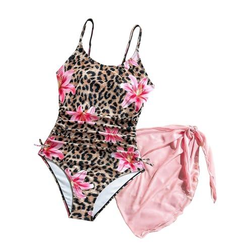 Genérico BañAdores NiñA,Traje De BañO De Bikini con Estampado De Leopardo Floral para NiñAs con Top Tankini De Cintura Alta Y Falda con Volantes En La Parte Inferior para Nadar En La Playa