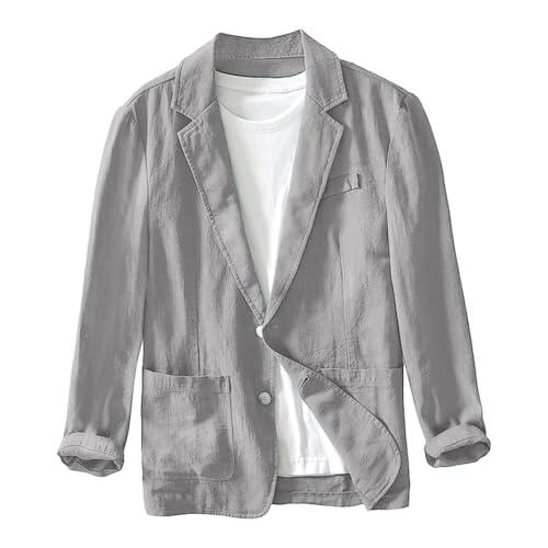 Chaqueta Lino Blazer Hombre Casual Americana Manga Larga Solapa Botones Bolsillos Color Sólido Holgado Talla Grande Ligero Transpirable Cómodo para Verano Uso Diario