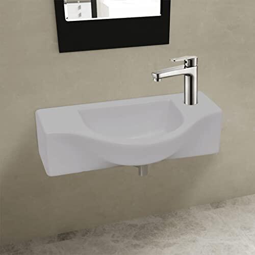 Lavabo de cerámica blanco 450 x 250 x 120 mm colgante en la pared con orificio para grifo 3,5 cm orificio de drenaje 4,5 cm moderno lavabo de mano para baño, baño de invitados, sanitario, lavabo