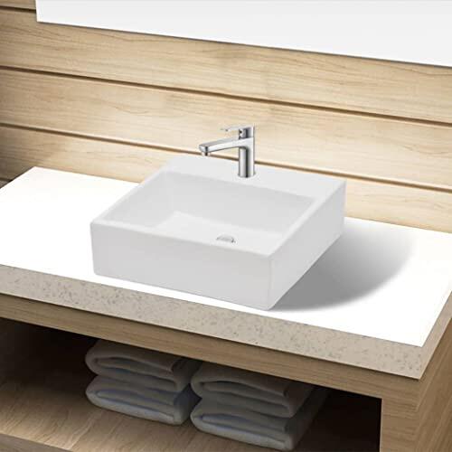 Lavabo de cerámica blanco cuadrado 380 x 300 x 115 mm con orificio para grifo 3,5 cm lavabo para baño, baño de invitados, diseño moderno, sistema sanitario compacto